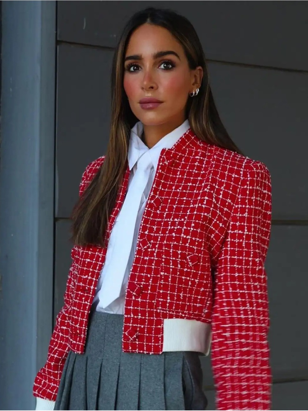 Mango Red tweed Bomber jacket size M